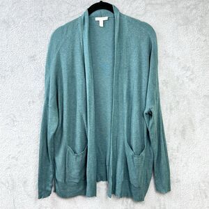Eileen Fisher Open Cardigan Sz S Green Long Sleeves Drop Shoulder Side Slits
